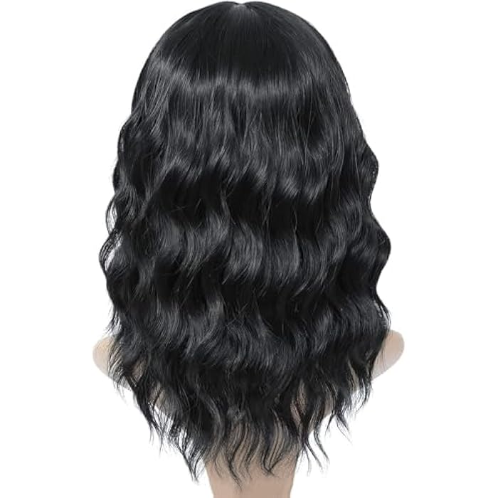 MEDIUM Bob Wavy Wigs with Bangs Shoulder Length curly Wavy Synthetic Hair with Curtain Bangs for Women Cute Natural Daily Use Hair Wig for Black Women 16 Inch -40 CM TO 45 CM-JW58-1 BLACK - Image 2